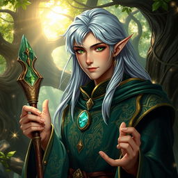 A young male high elf wizard with long flowing silver hair, piercing emerald green eyes, and a well-defined, elegant face