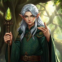 A young male high elf wizard with long flowing silver hair, piercing emerald green eyes, and a well-defined, elegant face