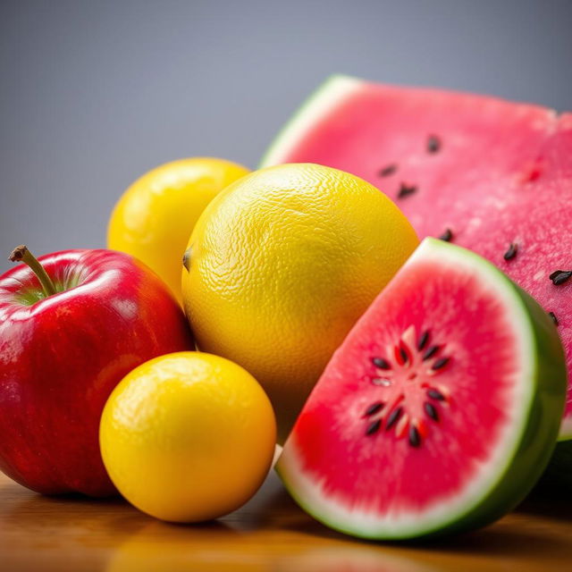 A vibrant still life arrangement featuring a shiny red apple, a bright yellow lemon, and a juicy green watermelon
