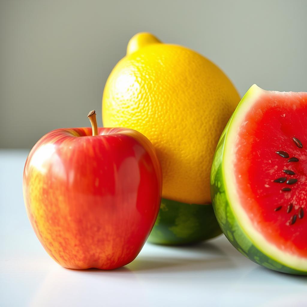 A vibrant still life arrangement featuring a shiny red apple, a bright yellow lemon, and a juicy green watermelon