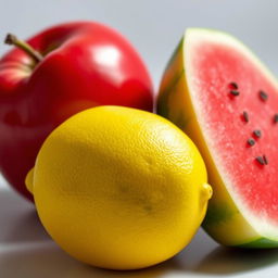 A vibrant still life arrangement featuring a shiny red apple, a bright yellow lemon, and a juicy green watermelon
