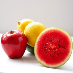 A vibrant still life arrangement featuring a shiny red apple, a bright yellow lemon, and a juicy green watermelon