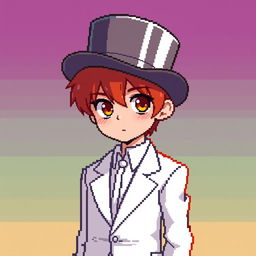 A red-haired boy, aged 16, wearing a top hat pulled down over his head, so that it covers his eyes and his little red hair protrudes slightly from underneath