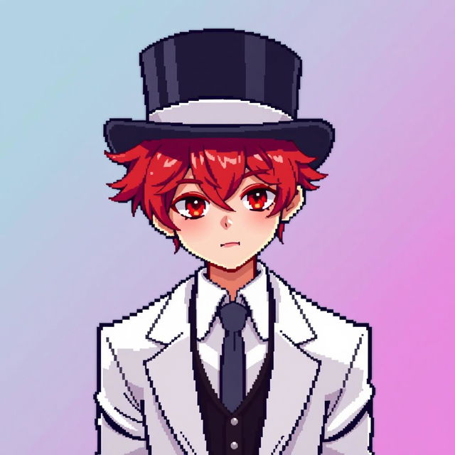 A red-haired boy, aged 16, wearing a top hat pulled down over his head, so that it covers his eyes and his little red hair protrudes slightly from underneath