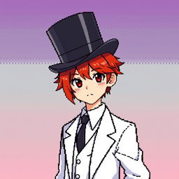 A red-haired boy, aged 16, wearing a top hat pulled down over his head, so that it covers his eyes and his little red hair protrudes slightly from underneath