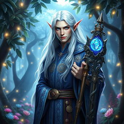 An enchanted high elf wizard character depicted as a male, featuring long cascading platinum blonde hair, luminous blue eyes, and an ethereal presence