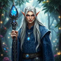 An enchanted high elf wizard character depicted as a male, featuring long cascading platinum blonde hair, luminous blue eyes, and an ethereal presence