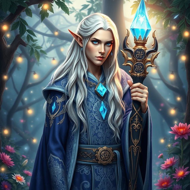 An enchanted high elf wizard character depicted as a male, featuring long cascading platinum blonde hair, luminous blue eyes, and an ethereal presence