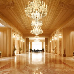 A longitudinal perspective of a luxurious reception hall, with grand chandeliers, marble floors, and elegant furnishings.
