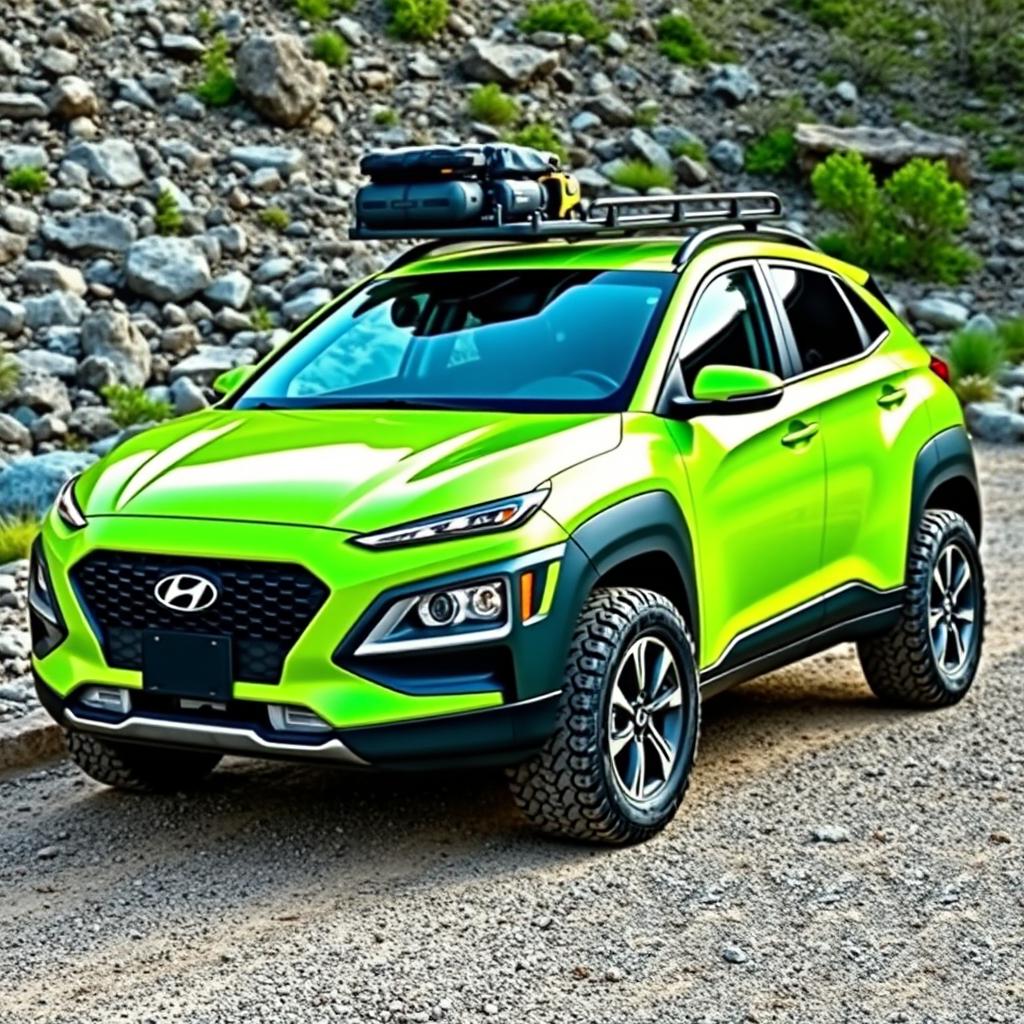 A vibrant lime green 2020 Hyundai Kona featuring a strong roof rack, equipped with off-road tires and rugged wheels