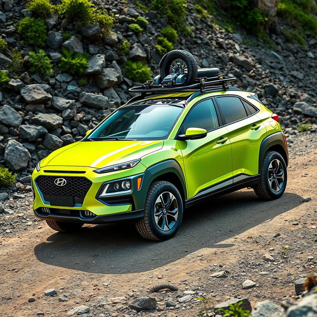 A vibrant lime green 2020 Hyundai Kona featuring a strong roof rack, equipped with off-road tires and rugged wheels