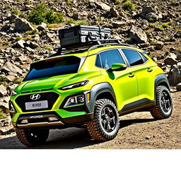 A vibrant lime green 2020 Hyundai Kona featuring a strong roof rack, equipped with off-road tires and rugged wheels