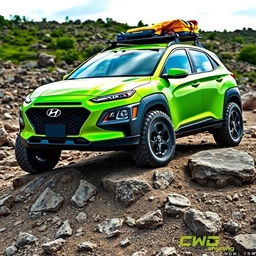 A vibrant lime green 2020 Hyundai Kona featuring a strong roof rack, equipped with off-road tires and rugged wheels