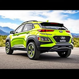 A vibrant lime green 2020 Hyundai Kona, equipped with a sturdy roof rack and rugged off-road tires and wheels