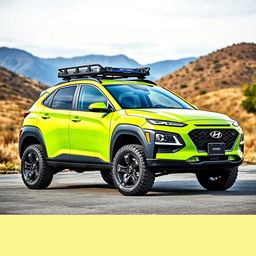 A vibrant lime green 2020 Hyundai Kona, equipped with a sturdy roof rack and rugged off-road tires and wheels