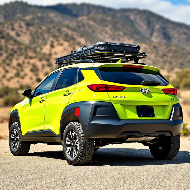 A vibrant lime green 2020 Hyundai Kona, equipped with a sturdy roof rack and rugged off-road tires and wheels