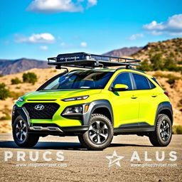 A vibrant lime green 2020 Hyundai Kona, equipped with a sturdy roof rack and rugged off-road tires and wheels