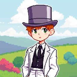 A ginger-haired boy, aged 16, wearing a top hat pulled down over his head, obscuring his eyes, with a little red hair peeking out from underneath