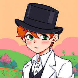 A ginger-haired boy, aged 16, wearing a top hat pulled down over his head, obscuring his eyes, with a little red hair peeking out from underneath