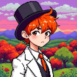 A ginger-haired boy, aged 16, wearing a top hat pulled down over his head, obscuring his eyes, with a little red hair peeking out from underneath