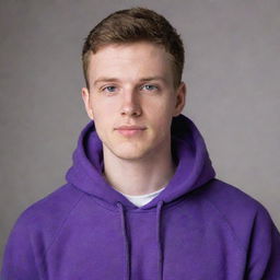 A young white man with casual features, donning a vibrant purple hoodie.