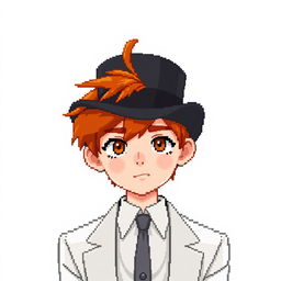 A ginger-haired boy, aged 16, wearing a top hat pulled down over his head to his nose, with a small tuft of red hair sticking out from underneath