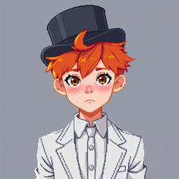 A ginger-haired boy, aged 16, wearing a top hat pulled down over his head to his nose, with a small tuft of red hair sticking out from underneath