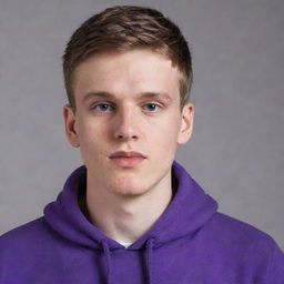 A young white man with casual features, donning a vibrant purple hoodie.