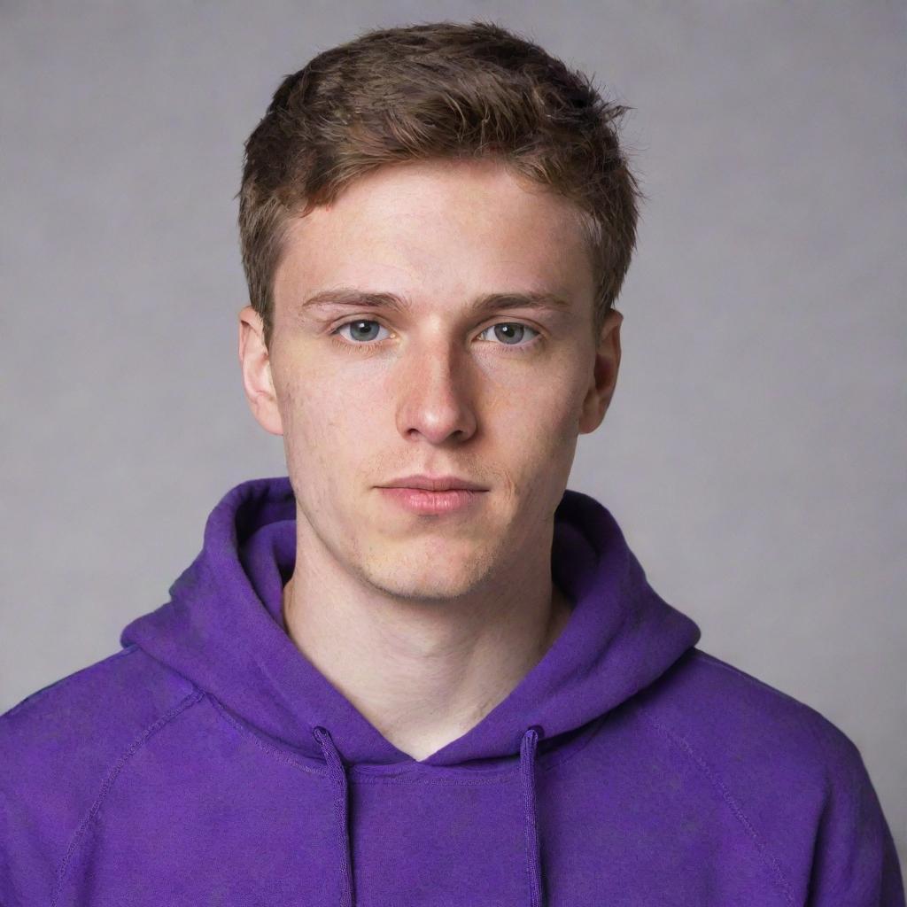 A young white man with casual features, donning a vibrant purple hoodie.