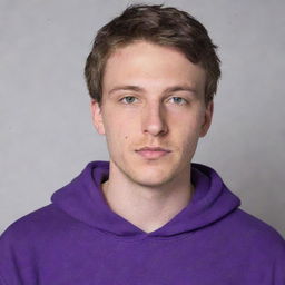 A young white man with casual features, donning a vibrant purple hoodie.