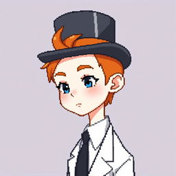 A ginger-haired boy, aged 16, with a top hat that covers half of his head, leaving a small tuft of red hair peeking out from underneath