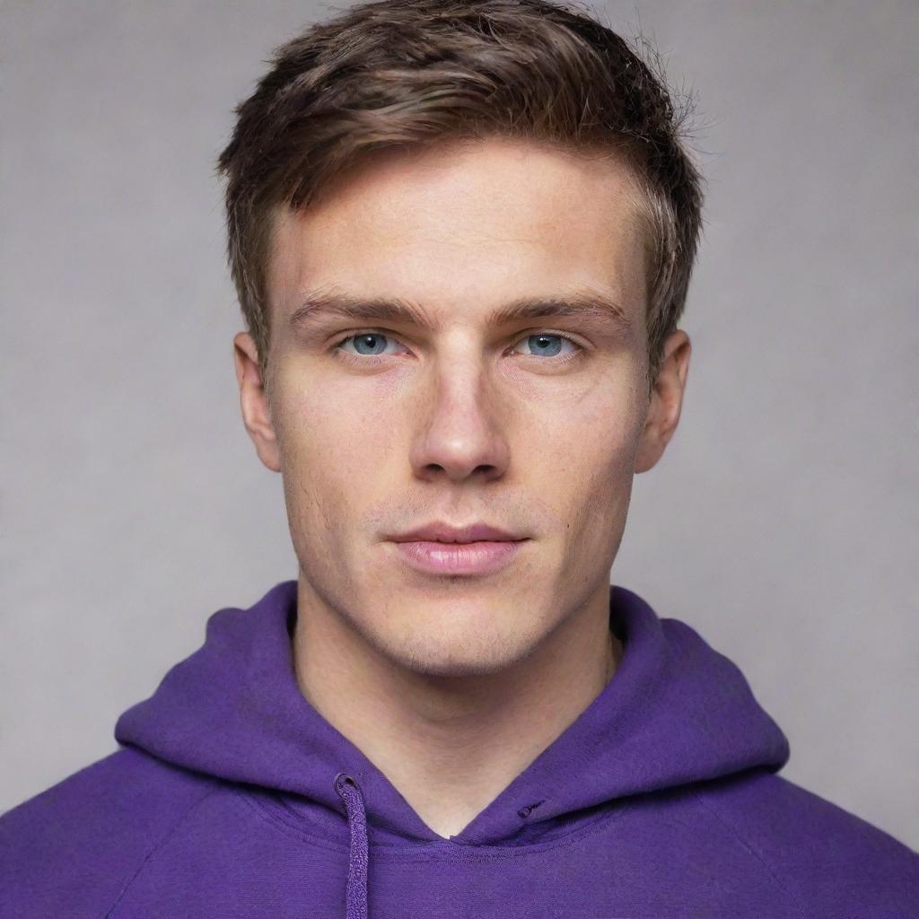 A strikingly handsome young white man with chiseled features, wearing a vibrant purple hoodie.