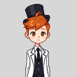 A ginger-haired boy, aged 16, with a top hat that covers half of his head, leaving a small tuft of red hair peeking out from underneath