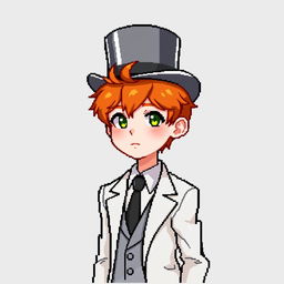 A ginger-haired boy, aged 16, with a top hat that covers half of his head, leaving a small tuft of red hair peeking out from underneath