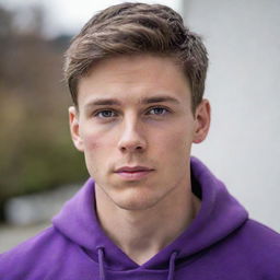 A strikingly handsome young white man with chiseled features, wearing a vibrant purple hoodie.