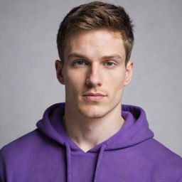 A strikingly handsome young white man with chiseled features, wearing a vibrant purple hoodie.