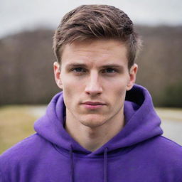 A strikingly handsome young white man with chiseled features, wearing a vibrant purple hoodie.