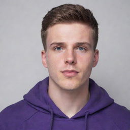 A remarkably handsome, 24-year-old white man with chiseled features, wearing a vibrant purple hoodie.