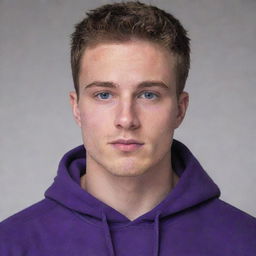 A remarkably handsome, 24-year-old white man with chiseled features, wearing a vibrant purple hoodie.