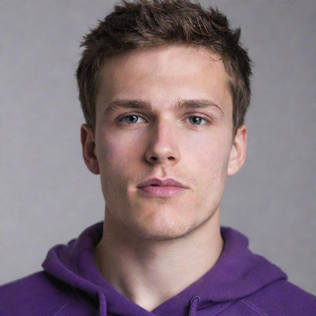 A remarkably handsome, 24-year-old white man with chiseled features, wearing a vibrant purple hoodie.