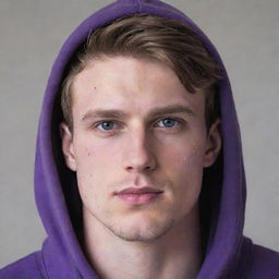 A remarkably handsome, 24-year-old white man with chiseled features, wearing a vibrant purple hoodie.