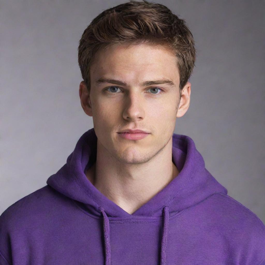 A highly attractive, 24-year-old white man with chiseled features and smooth, perfectly styled brown hair, adorned in a vibrant purple hoodie