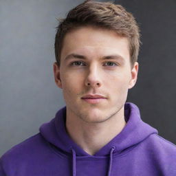 A highly attractive, 24-year-old white man with chiseled features and smooth, perfectly styled brown hair, adorned in a vibrant purple hoodie