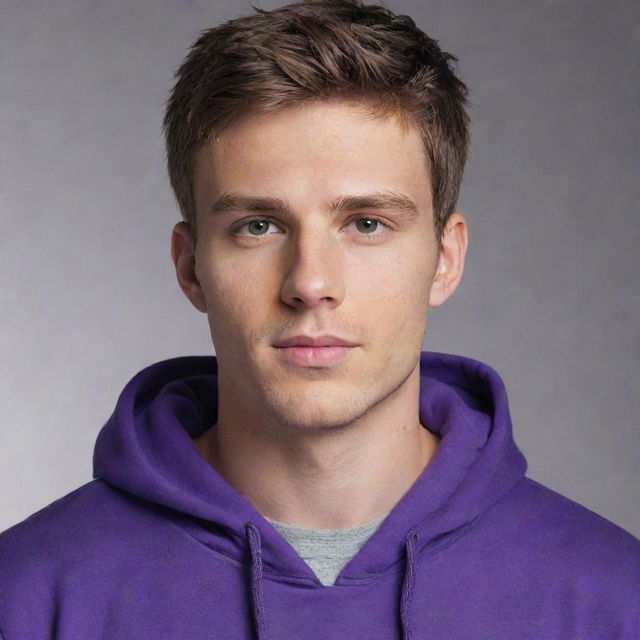 A highly attractive, 24-year-old white man with chiseled features and smooth, perfectly styled brown hair, adorned in a vibrant purple hoodie