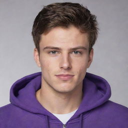 A highly attractive, 24-year-old white man with chiseled features and smooth, perfectly styled brown hair, adorned in a vibrant purple hoodie