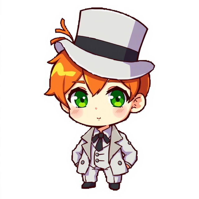 A ginger-haired boy, aged 16, in chibi style, with a top hat covering half of his head, featuring a small tuft of red hair sticking out from under the hat