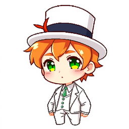 A ginger-haired boy, aged 16, in chibi style, with a top hat covering half of his head, featuring a small tuft of red hair sticking out from under the hat