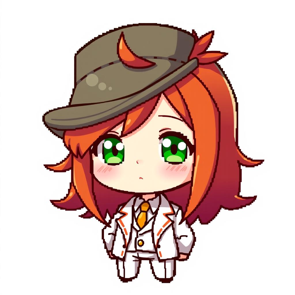 A ginger-haired boy, aged 16, in chibi style, with a top hat covering half of his head, featuring a small tuft of red hair sticking out from under the hat