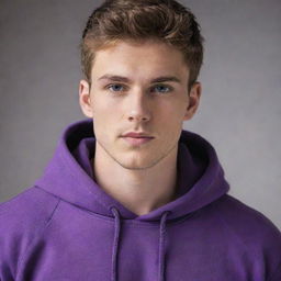 An extraordinarily handsome, 24-year-old white man with exquisitely chiseled features, captivating eyes, and smooth, perfectly styled brown hair, adorning a vibrant purple hoodie