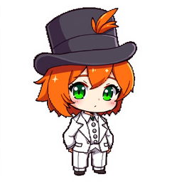 A ginger-haired boy, aged 16, in chibi style, with a top hat covering half of his head, featuring a small tuft of red hair sticking out from under the hat